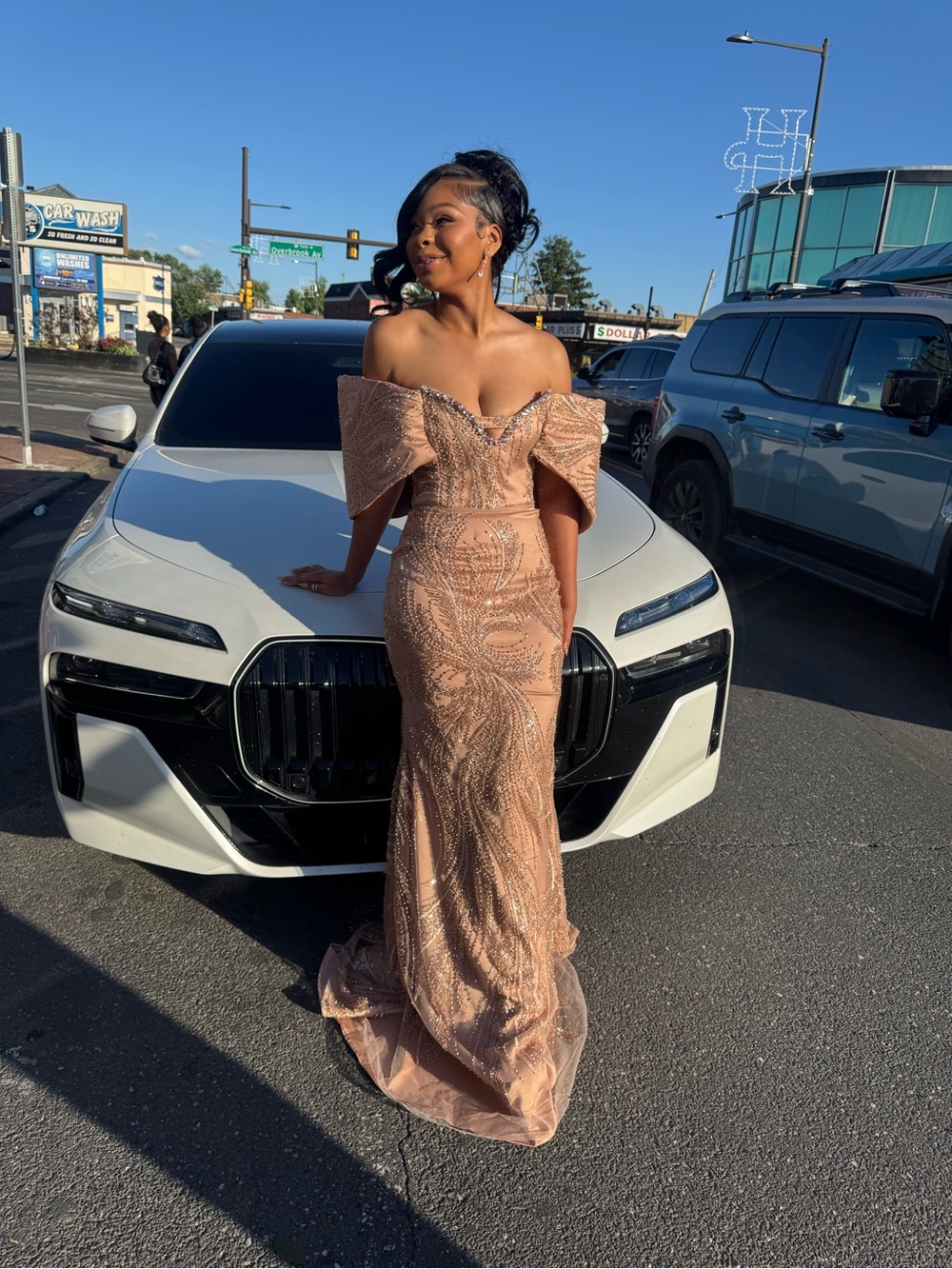 Off-Shoulder Blush Beaded Evening Gown